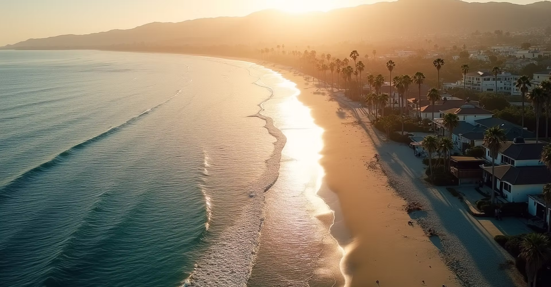 Aerial-view-of-Redondo-Beach-coastline-with-sunlight-reflecting-on-ocean-waters,-showcasin
