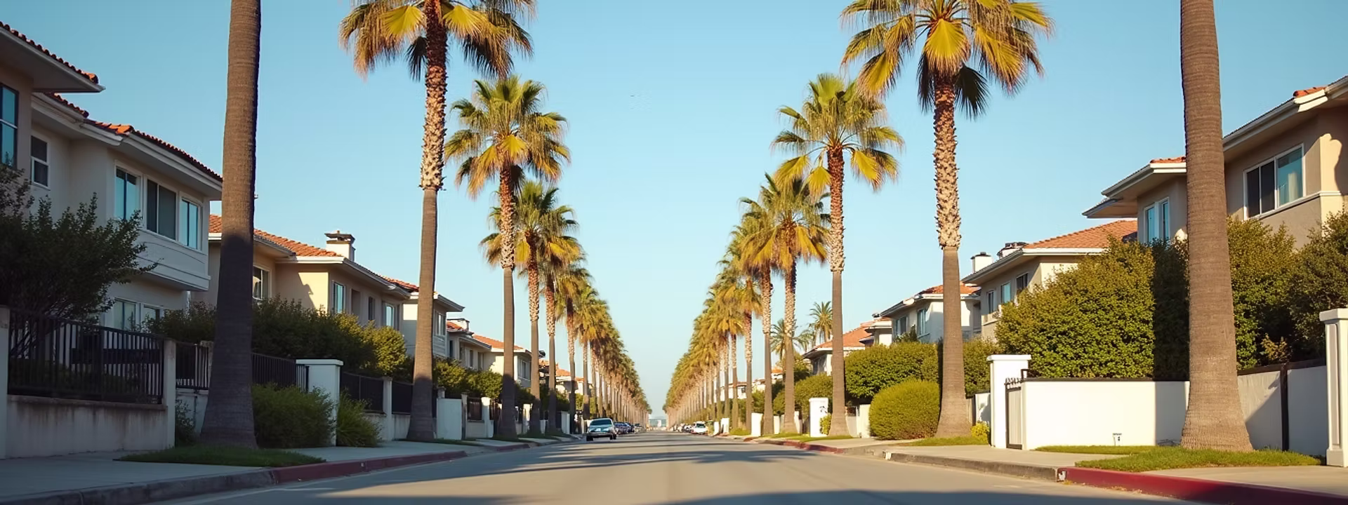 Eye-level view of a charming Redondo Beach street lined with palm trees and coastal homes