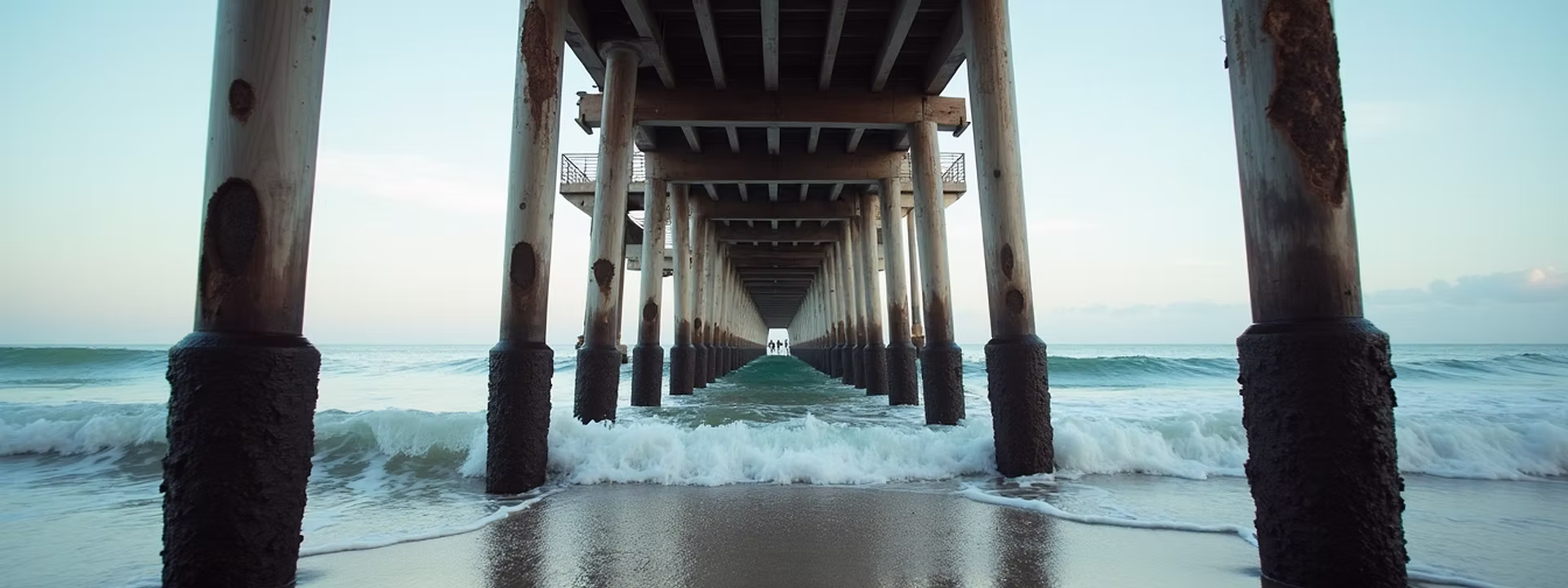 Eye-level view of Redondo Beach pier with ocean in the background