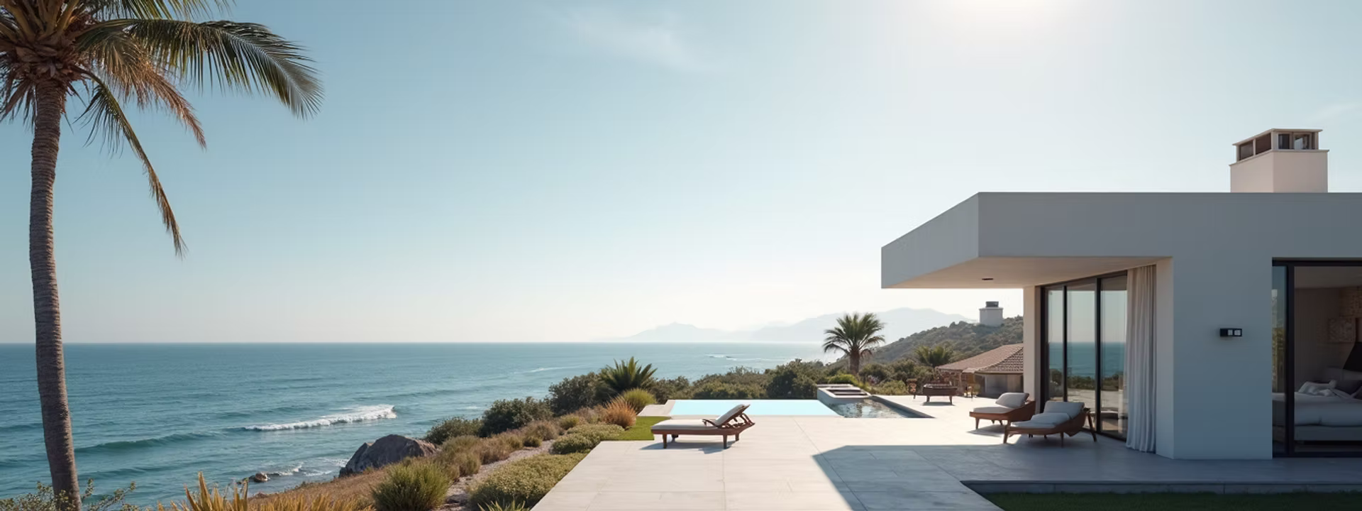 Eye-level view of a modern coastal home with ocean in the background