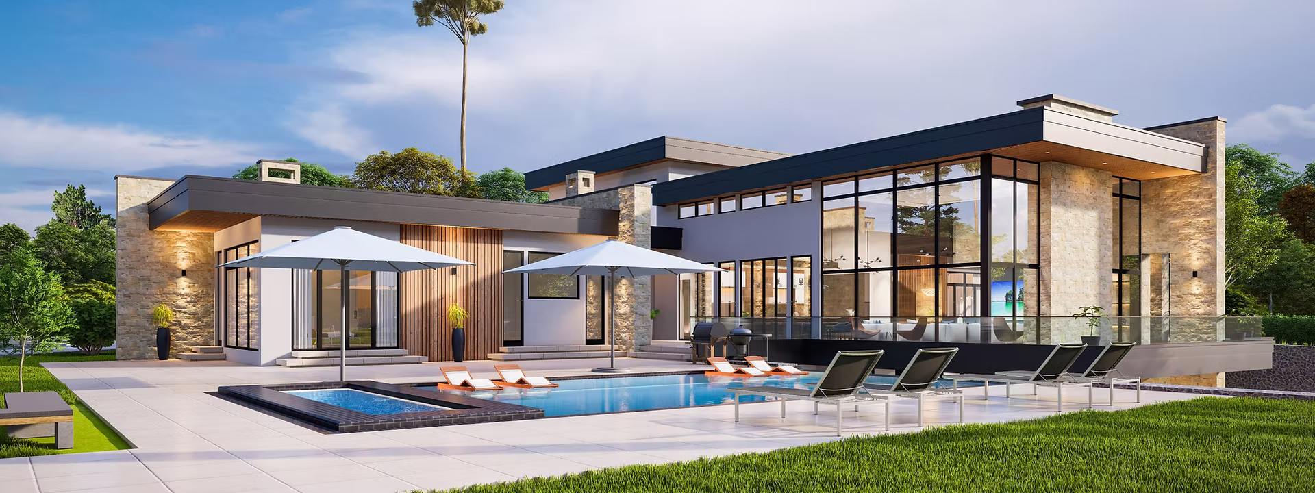 Modern house with large glass windows, pool, and patio umbrellas. Lush green lawn and clear blue sky create a serene atmosphere.