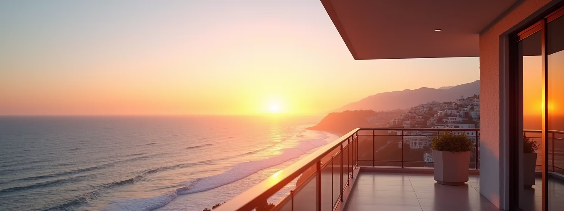 Eye-level view of a modern balcony overlooking the Pacific Ocean at sunset